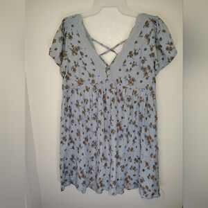 Urban Outfitters Blue Babydoll Mini Dress Sz M V Lace Neck Cotton Flower Print